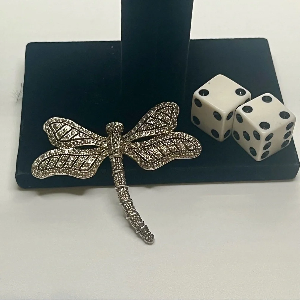 Dragonfly Brooch Silver tone Shiny Pin. Faux marcasite